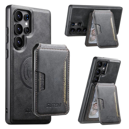SUTENI M3 For Samsung Galaxy S23 Ultra Magnetic Case Cowhide Texture Leather Back Cover with Card Bag Kickstand - Black - 1