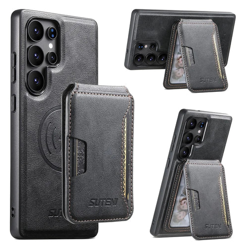 SUTENI M3 For Samsung Galaxy S22 Ultra 5G Magnetic Case Cowhide Texture Leather Back Cover with Card Bag Kickstand - Black - 1