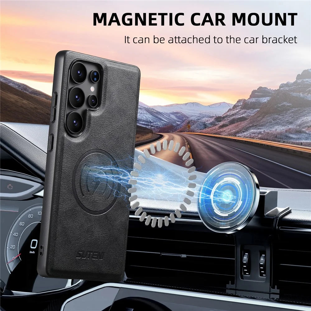 SUTENI M3 For Samsung Galaxy S22 Ultra 5G Magnetic Case Cowhide Texture Leather Back Cover with Card Bag Kickstand - Black - 5