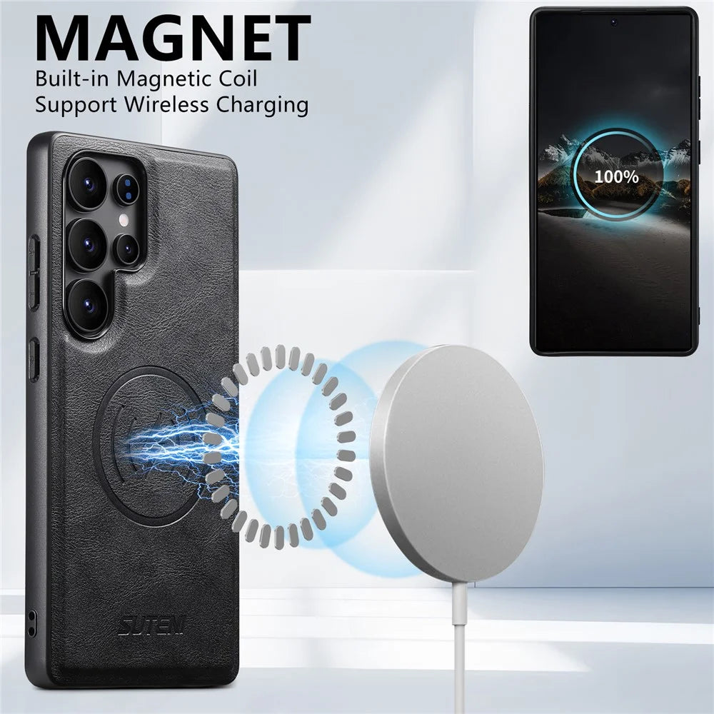 SUTENI M3 For Samsung Galaxy S22 Ultra 5G Magnetic Case Cowhide Texture Leather Back Cover with Card Bag Kickstand - Black - 6