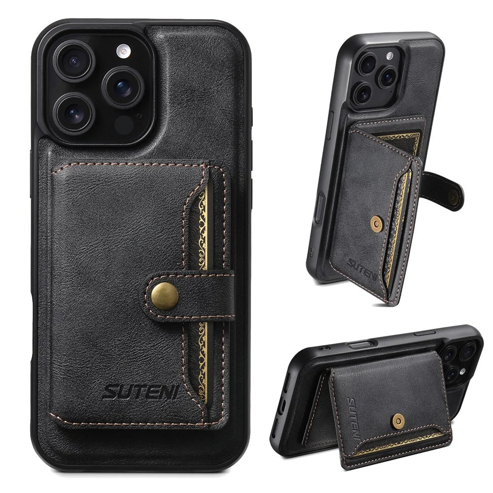 SUTENI M4 For iPhone 16 Pro Max Magnetic Case with Card Holder Cowhide Texture Leather Back Cover - Black - 1