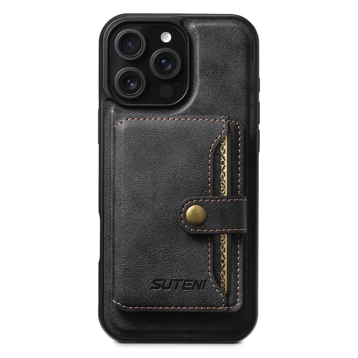 SUTENI M4 For iPhone 16 Pro Max Magnetic Case with Card Holder Cowhide Texture Leather Back Cover - Black - 2
