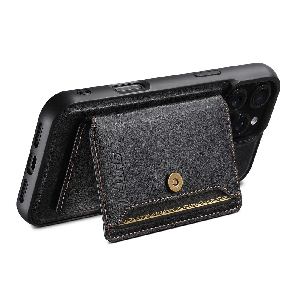 SUTENI M4 For iPhone 16 Pro Max Magnetic Case with Card Holder Cowhide Texture Leather Back Cover - Black - 4