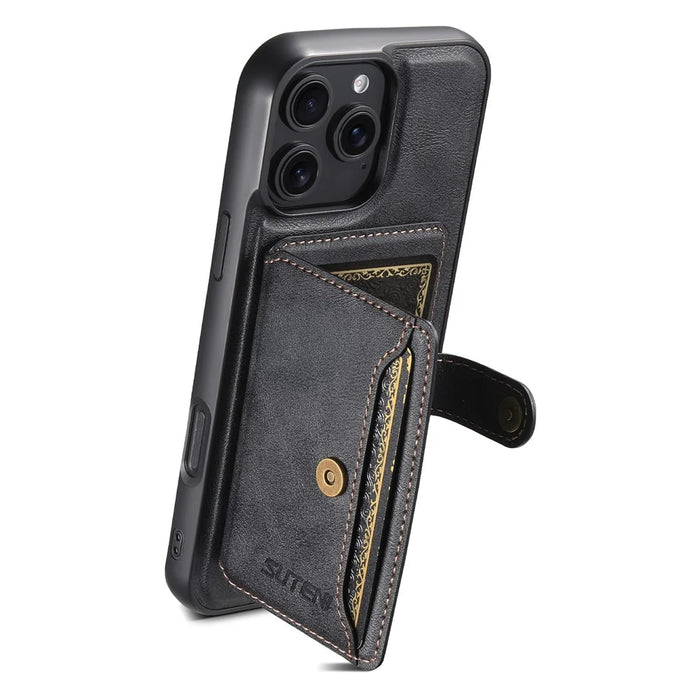 SUTENI M4 For iPhone 16 Pro Max Magnetic Case with Card Holder Cowhide Texture Leather Back Cover - Black - 5