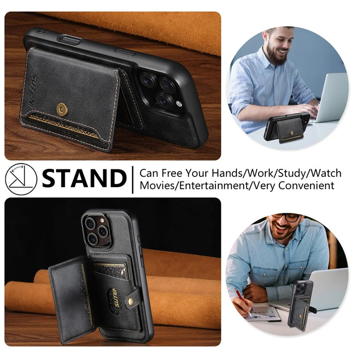 SUTENI M4 For iPhone 16 Pro Max Magnetic Case with Card Holder Cowhide Texture Leather Back Cover - Black - 6