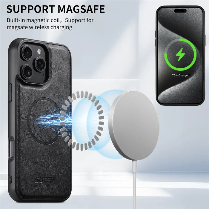 SUTENI M4 For iPhone 16 Pro Max Magnetic Case with Card Holder Cowhide Texture Leather Back Cover - Black - 7