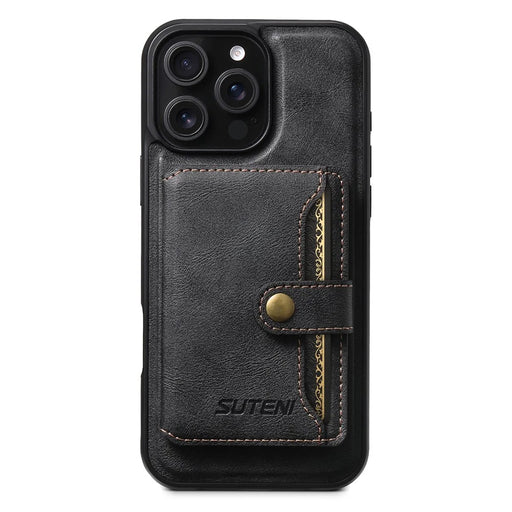SUTENI M4 For iPhone 16 Pro Magnetic Case with Card Holder Cowhide Texture Leather Back Cover - Black - 2