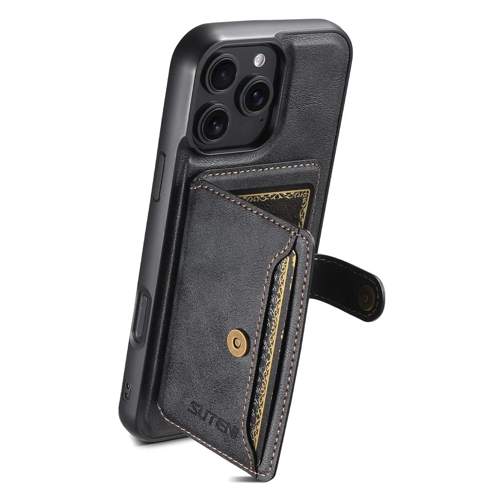 SUTENI M4 For iPhone 16 Pro Magnetic Case with Card Holder Cowhide Texture Leather Back Cover - Black - 5