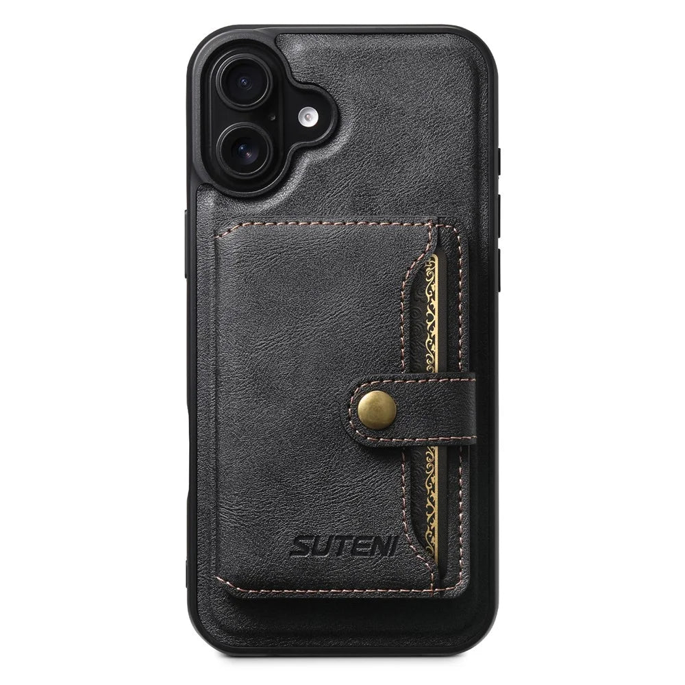 SUTENI M4 For iPhone 16 Magnetic Case with Card Holder Cowhide Texture Leather Back Cover - Black - 1