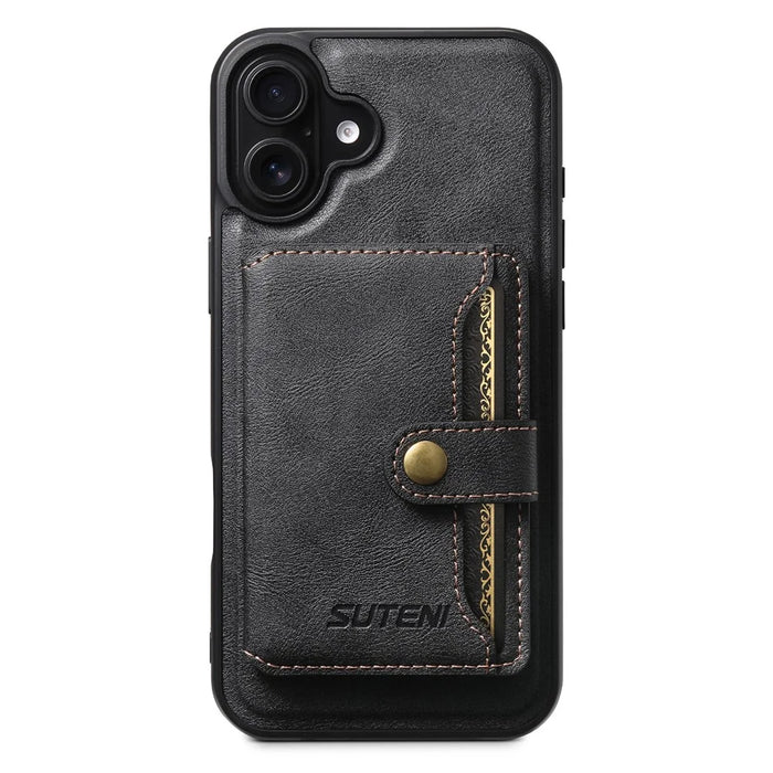 SUTENI M4 For iPhone 16 Magnetic Case with Card Holder Cowhide Texture Leather Back Cover - Black - 1