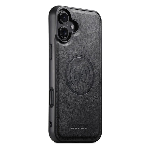 SUTENI M4 For iPhone 16 Magnetic Case with Card Holder Cowhide Texture Leather Back Cover - Black - 2