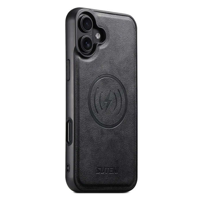 SUTENI M4 For iPhone 16 Magnetic Case with Card Holder Cowhide Texture Leather Back Cover - Black - 2
