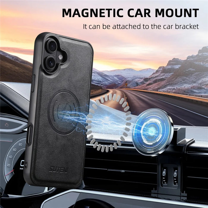 SUTENI M4 For iPhone 16 Magnetic Case with Card Holder Cowhide Texture Leather Back Cover - Black - 5