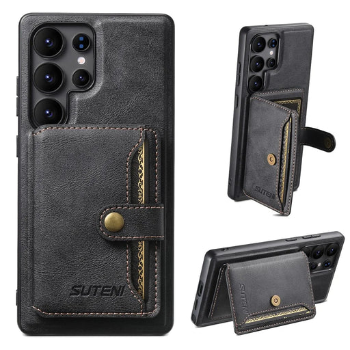 SUTENI M4 For Samsung Galaxy S24 Ultra Magnetic Case with Card Holder Cowhide Texture Leather Back Cover - Black - 1