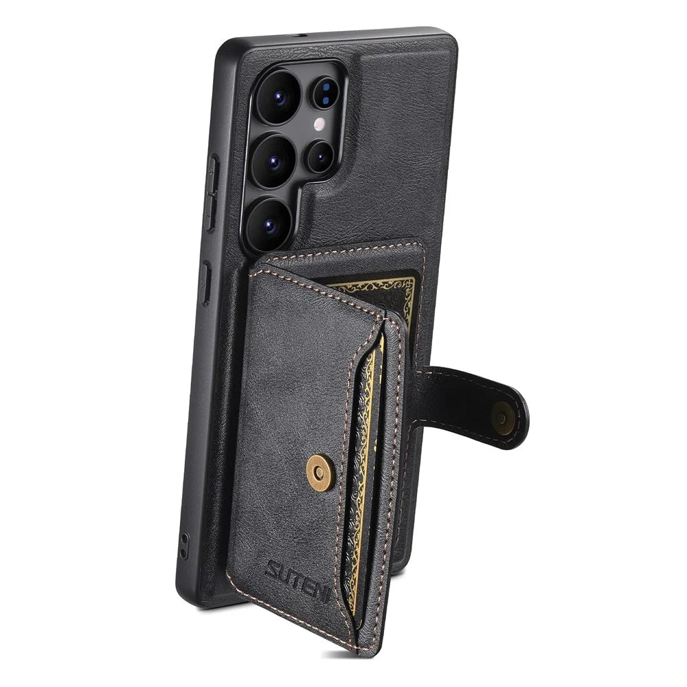 SUTENI M4 For Samsung Galaxy S24 Ultra Magnetic Case with Card Holder Cowhide Texture Leather Back Cover - Black - 3