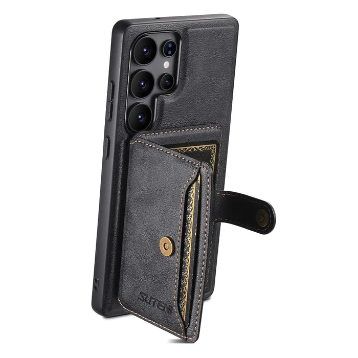 SUTENI M4 For Samsung Galaxy S24 Ultra Magnetic Case with Card Holder Cowhide Texture Leather Back Cover - Black - 3