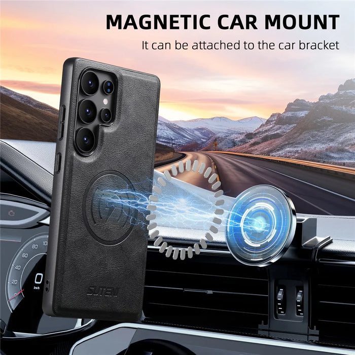 SUTENI M4 For Samsung Galaxy S24 Ultra Magnetic Case with Card Holder Cowhide Texture Leather Back Cover - Black - 6