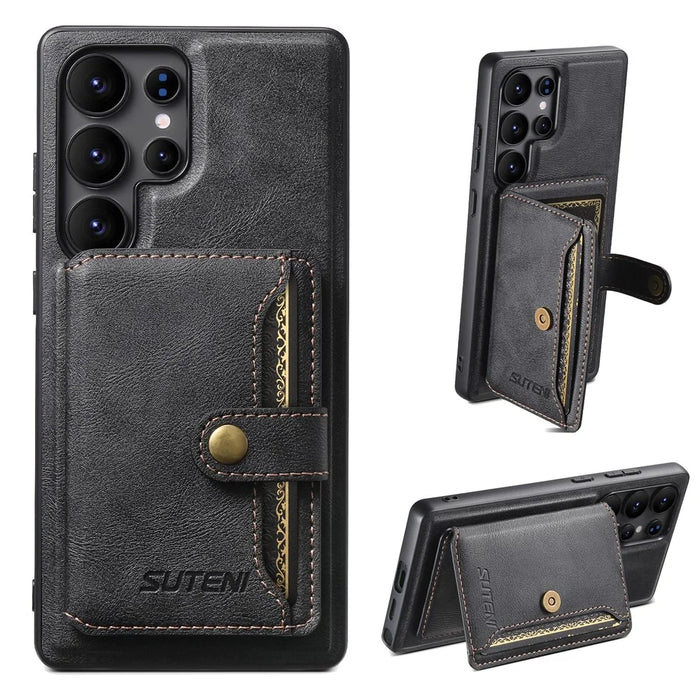 SUTENI M4 For Samsung Galaxy S22 Ultra 5G Magnetic Case with Card Holder Cowhide Texture Leather Back Cover - Black - 1