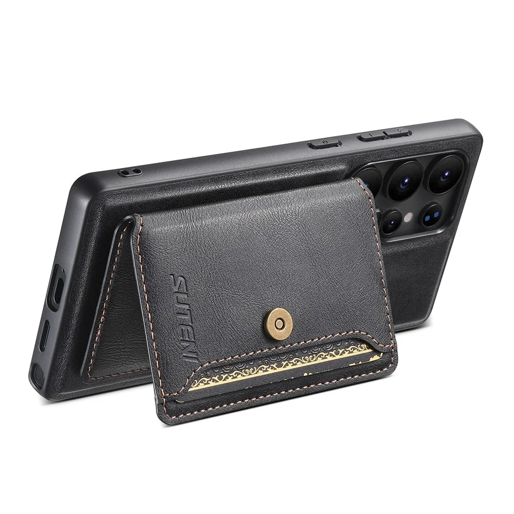 SUTENI M4 For Samsung Galaxy S22 Ultra 5G Magnetic Case with Card Holder Cowhide Texture Leather Back Cover - Black - 4