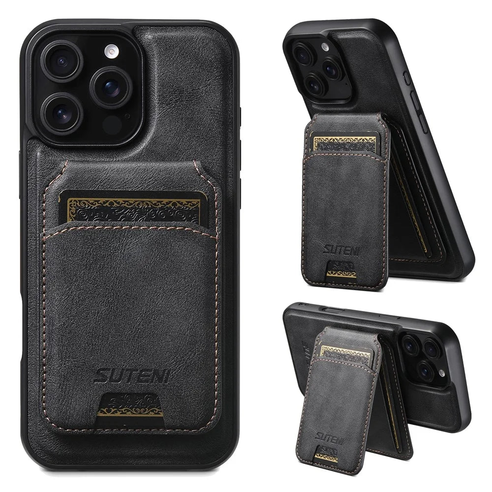 SUTENI M5 For iPhone 16 Pro Max Magnetic Case with Card Bag Cowhide Texture Leather Phone Back Cover - Black - 1