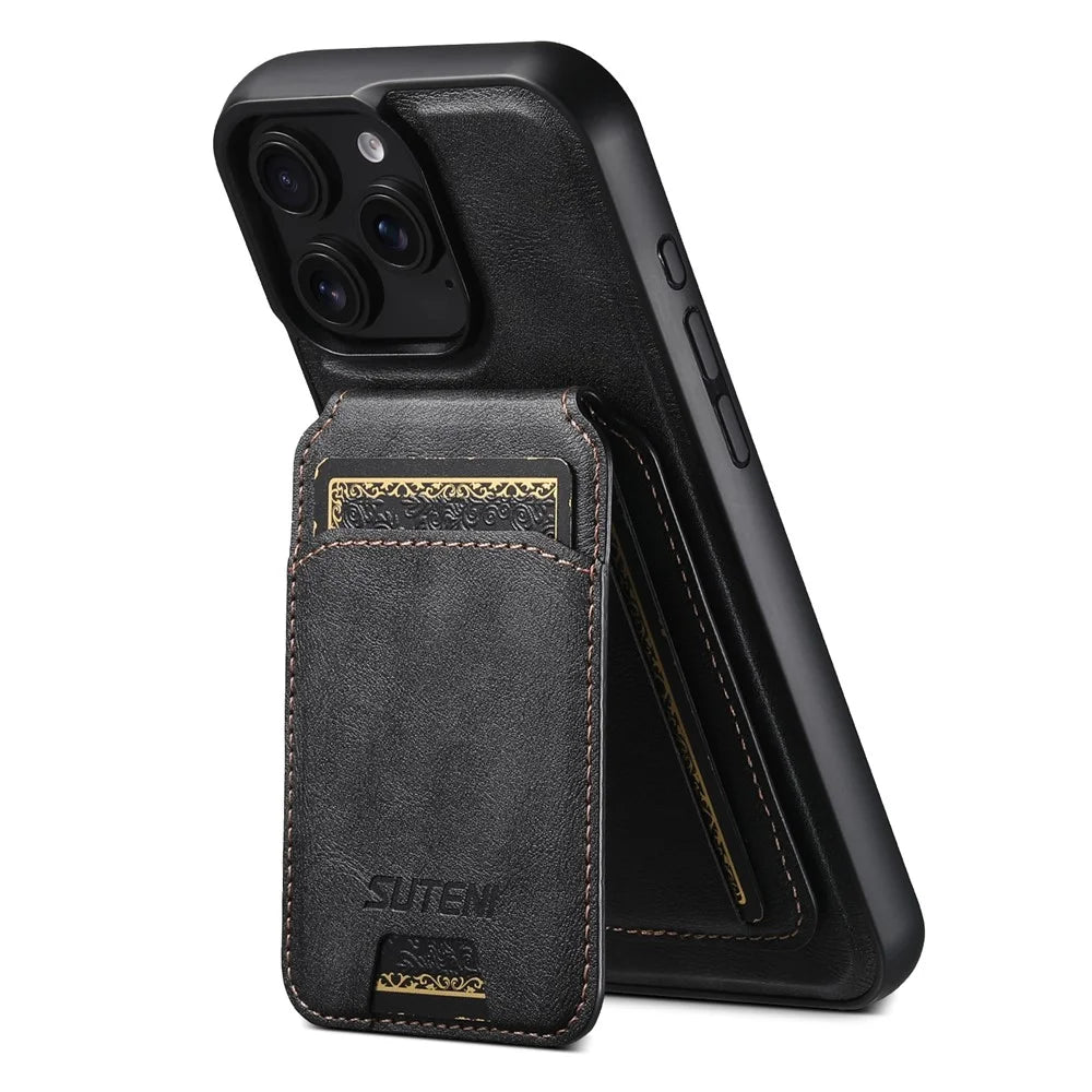 SUTENI M5 For iPhone 16 Pro Max Magnetic Case with Card Bag Cowhide Texture Leather Phone Back Cover - Black - 4