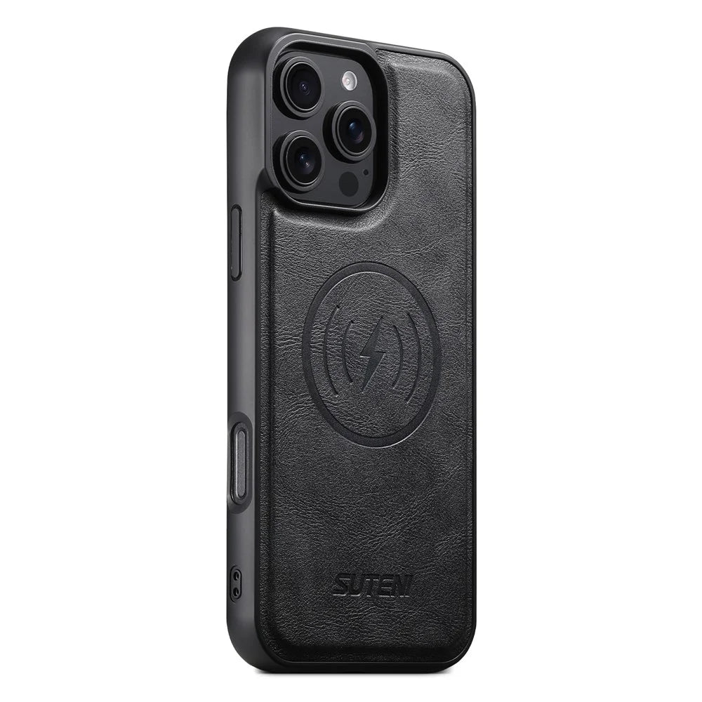 SUTENI M5 For iPhone 16 Pro Max Magnetic Case with Card Bag Cowhide Texture Leather Phone Back Cover - Black - 6