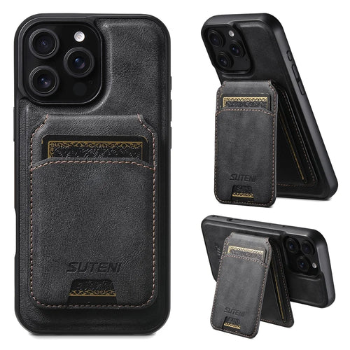 SUTENI M5 For iPhone 16 Pro Magnetic Case with Card Bag Cowhide Texture Leather Phone Back Cover - Black - 1