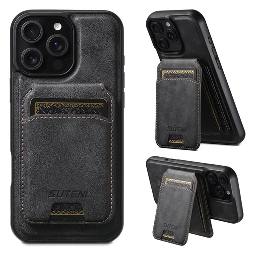 SUTENI M5 For iPhone 16 Pro Magnetic Case with Card Bag Cowhide Texture Leather Phone Back Cover - Black - 1