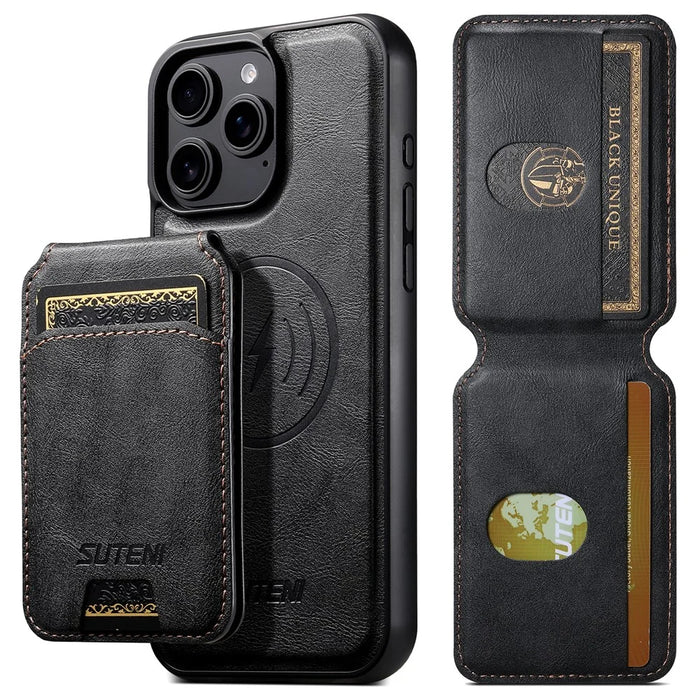 SUTENI M5 For iPhone 16 Pro Magnetic Case with Card Bag Cowhide Texture Leather Phone Back Cover - Black - 2