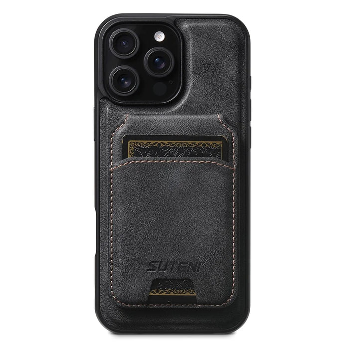 SUTENI M5 For iPhone 16 Pro Magnetic Case with Card Bag Cowhide Texture Leather Phone Back Cover - Black - 3