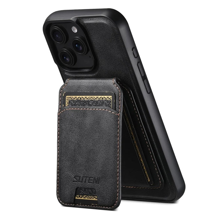 SUTENI M5 For iPhone 16 Pro Magnetic Case with Card Bag Cowhide Texture Leather Phone Back Cover - Black - 4