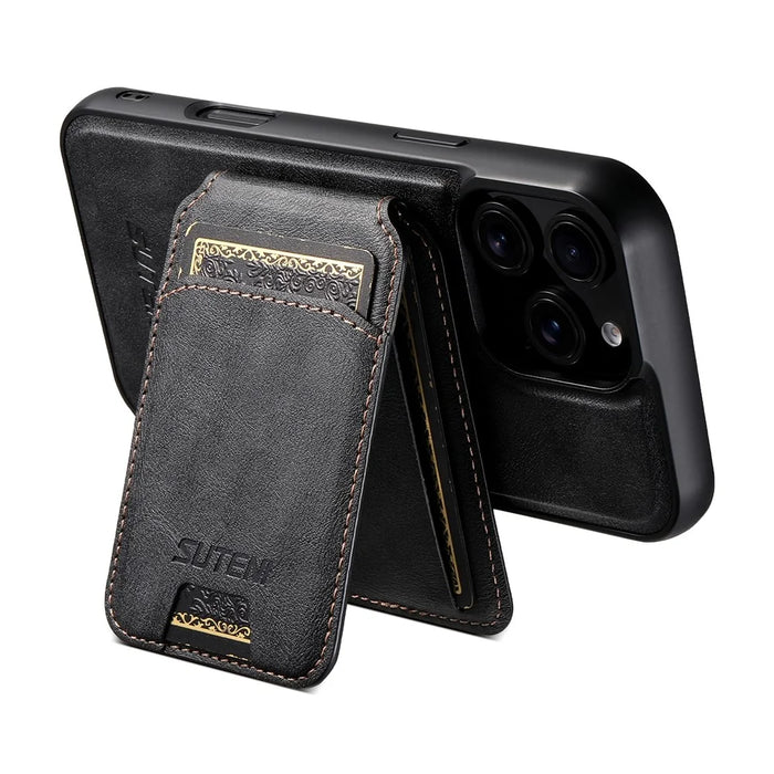 SUTENI M5 For iPhone 16 Pro Magnetic Case with Card Bag Cowhide Texture Leather Phone Back Cover - Black - 5