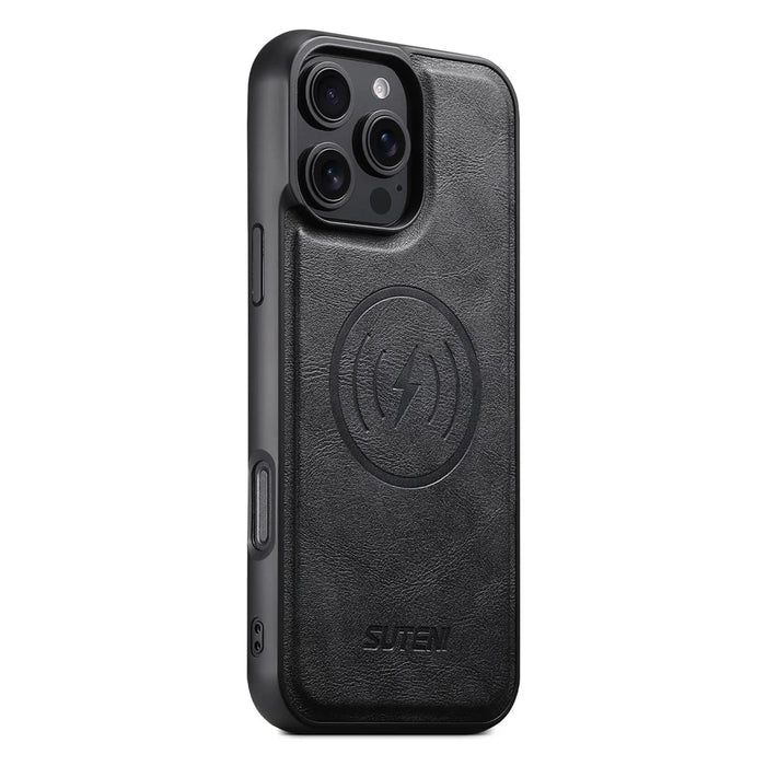 SUTENI M5 For iPhone 16 Pro Magnetic Case with Card Bag Cowhide Texture Leather Phone Back Cover - Black - 6