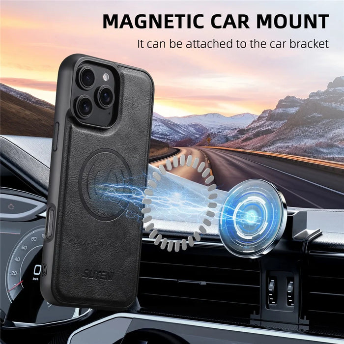 SUTENI M5 For iPhone 16 Pro Magnetic Case with Card Bag Cowhide Texture Leather Phone Back Cover - Black - 7