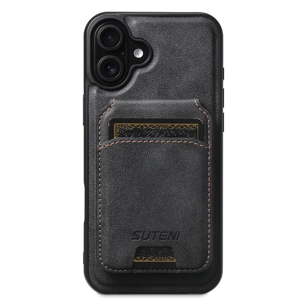 SUTENI M5 For iPhone 16 Magnetic Case with Card Bag Cowhide Texture Leather Phone Back Cover - Black - 1