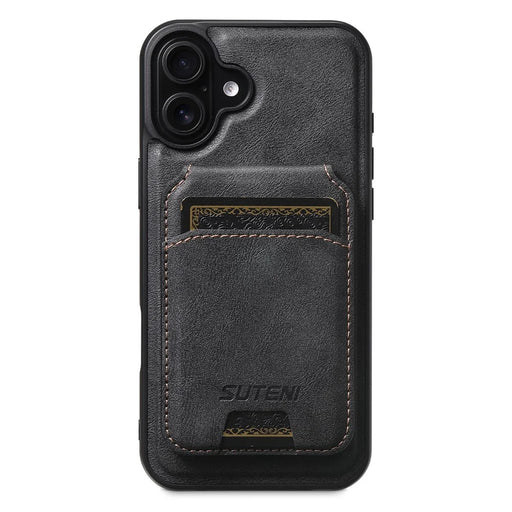 SUTENI M5 For iPhone 16 Magnetic Case with Card Bag Cowhide Texture Leather Phone Back Cover - Black - 1