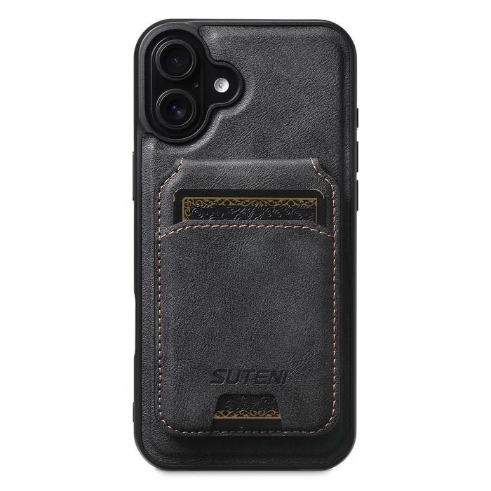 SUTENI M5 For iPhone 16 Magnetic Case with Card Bag Cowhide Texture Leather Phone Back Cover - Black - 1