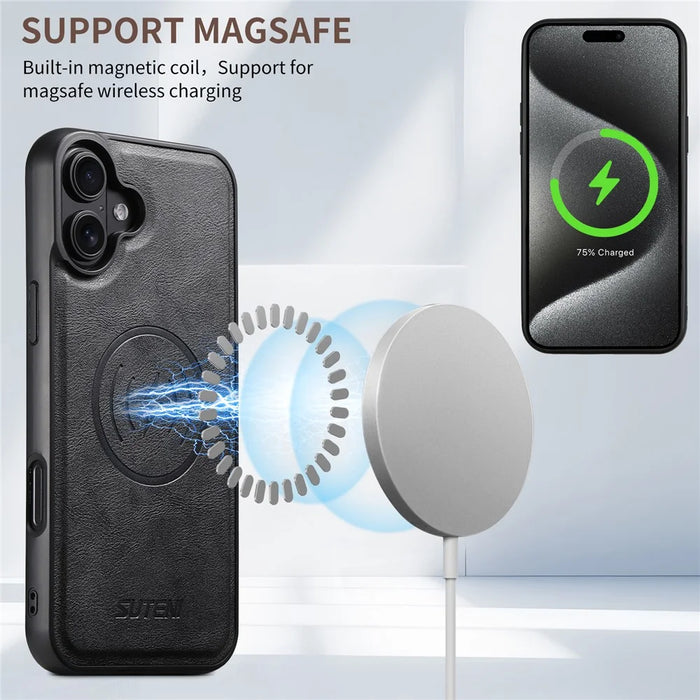SUTENI M5 For iPhone 16 Magnetic Case with Card Bag Cowhide Texture Leather Phone Back Cover - Black - 5