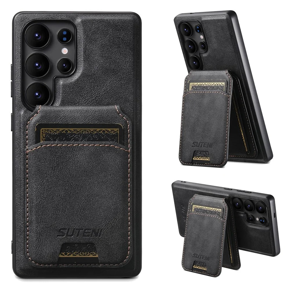 SUTENI M5 For Samsung Galaxy S24 Ultra Magnetic Case with Card Bag Cowhide Texture Leather Phone Back Cover - Black - 1