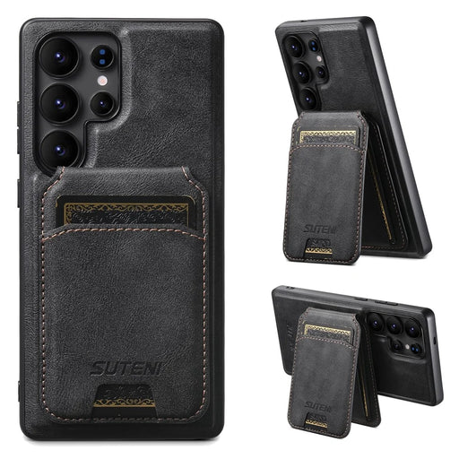 SUTENI M5 For Samsung Galaxy S24 Ultra Magnetic Case with Card Bag Cowhide Texture Leather Phone Back Cover - Black - 1