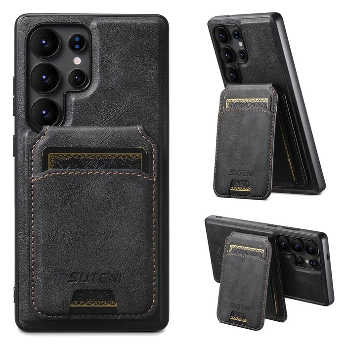 SUTENI M5 For Samsung Galaxy S24 Ultra Magnetic Case with Card Bag Cowhide Texture Leather Phone Back Cover - Black - 1