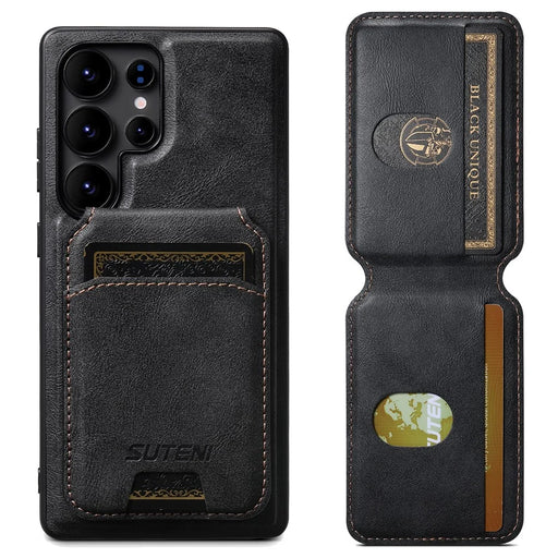 SUTENI M5 For Samsung Galaxy S24 Ultra Magnetic Case with Card Bag Cowhide Texture Leather Phone Back Cover - Black - 2