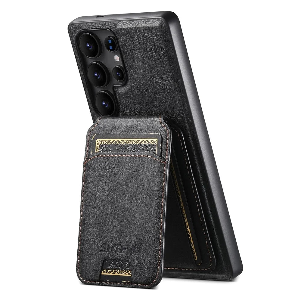 SUTENI M5 For Samsung Galaxy S24 Ultra Magnetic Case with Card Bag Cowhide Texture Leather Phone Back Cover - Black - 4