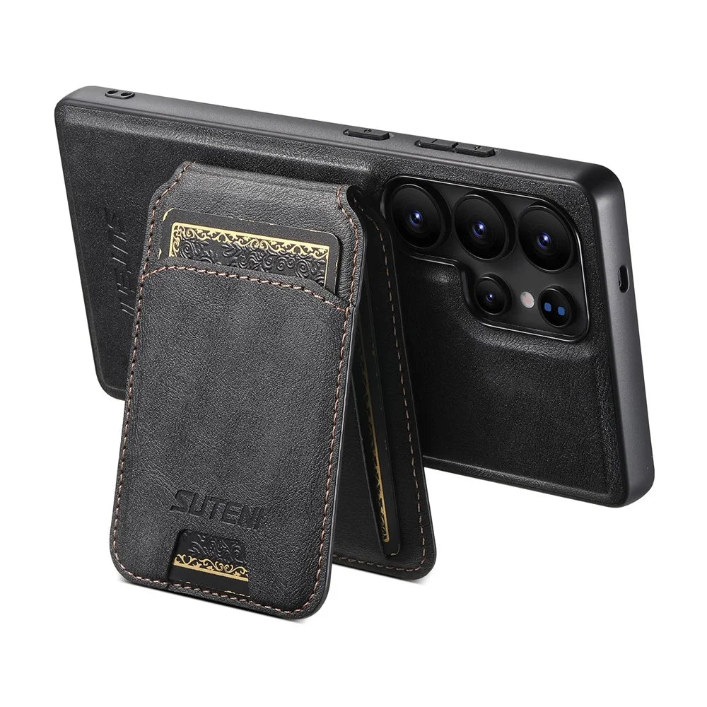 SUTENI M5 For Samsung Galaxy S24 Ultra Magnetic Case with Card Bag Cowhide Texture Leather Phone Back Cover - Black - 5