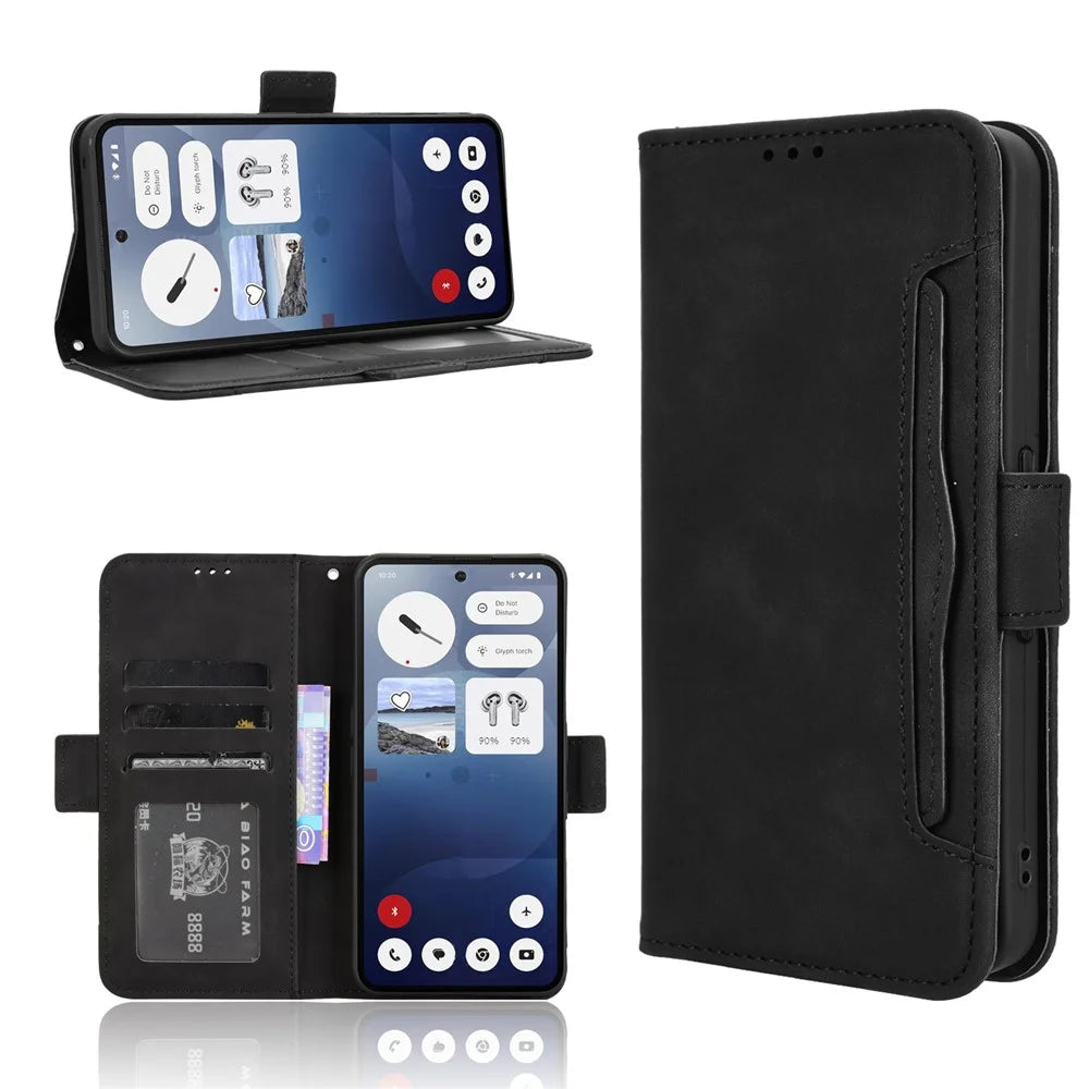 For Nothing Phone (3a) Leather Case Phone Wallet Cover with Multiple Card Slots - Black - 1
