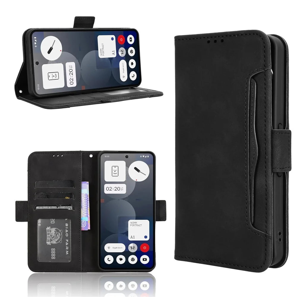 For Nothing Phone (3a) Pro Leather Case Phone Wallet Cover with Multiple Card Slots - Black - 1
