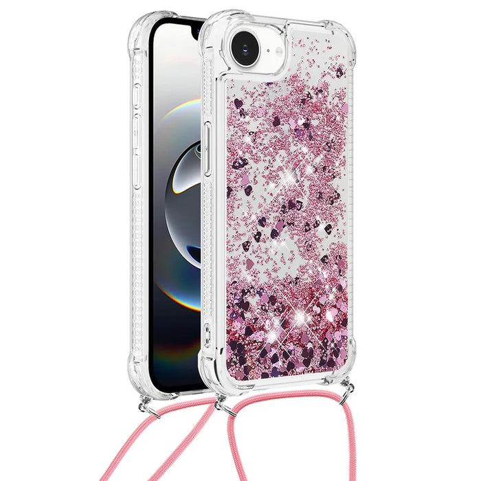 For iPhone 17e / 16e TPU Case Quicksand Design Phone Cover with Lanyard - Rose Gold / Hearts - 1
