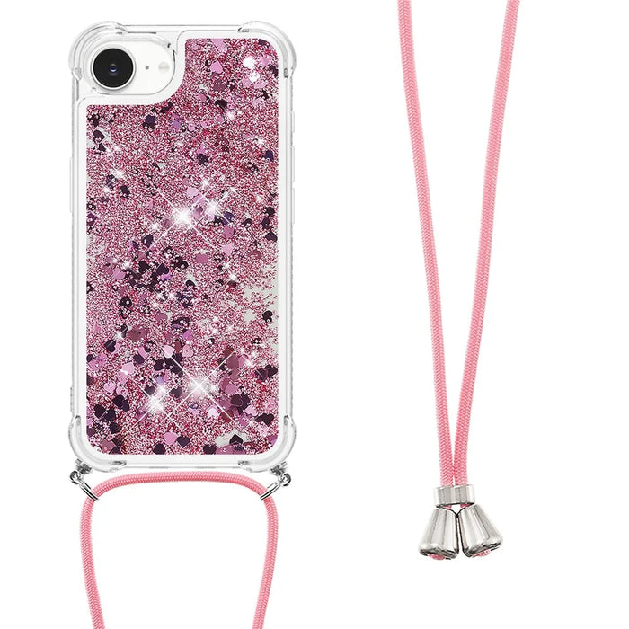 For iPhone 17e / 16e TPU Case Quicksand Design Phone Cover with Lanyard - Rose Gold / Hearts - 2