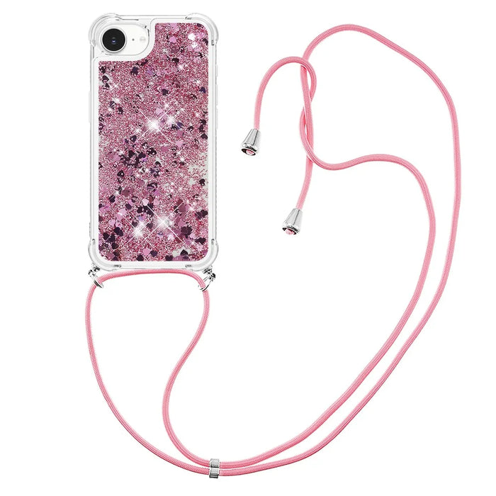 For iPhone 17e / 16e TPU Case Quicksand Design Phone Cover with Lanyard - Rose Gold / Hearts - 3