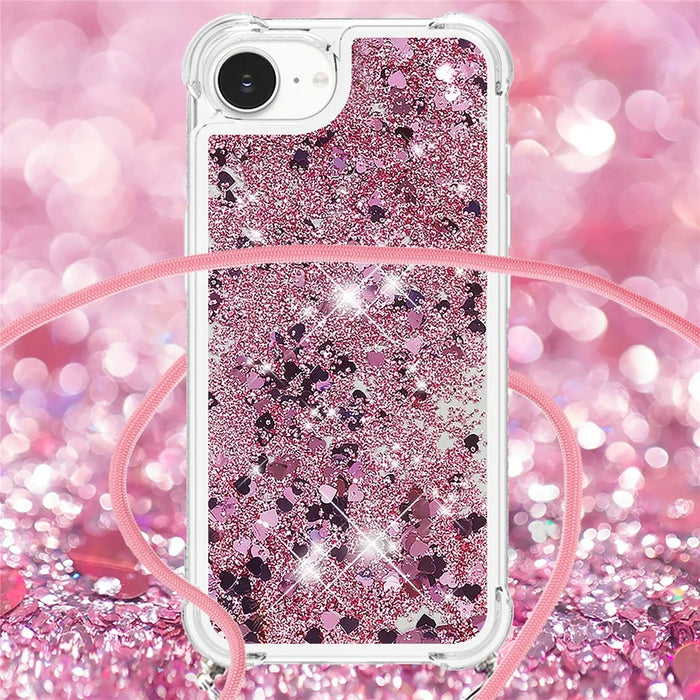 For iPhone 17e / 16e TPU Case Quicksand Design Phone Cover with Lanyard - Rose Gold / Hearts - 4